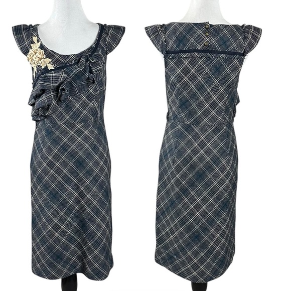 Anthropologie Floreat Tartan Plaid Wool Retro 50s Ruffle Floral Dress 2 Punk - Picture 1 of 15